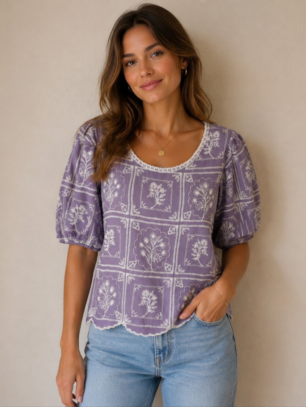 Solitaire Gray And White Floral Embroidered Puff-Sleeve Top
